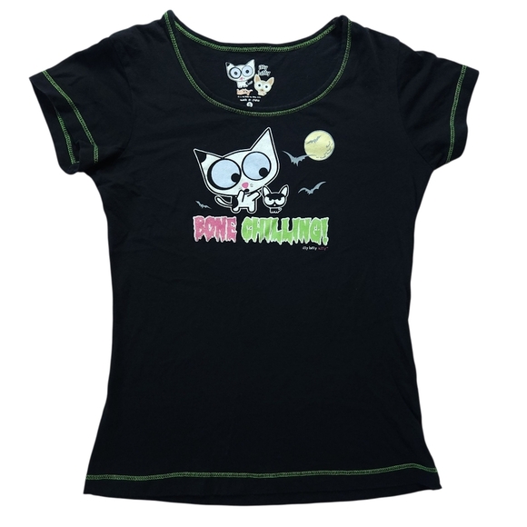Y2K Itty Bitty Kitty Bling Glitter Bone Chilling Top Sz S - Picture 2 of 6